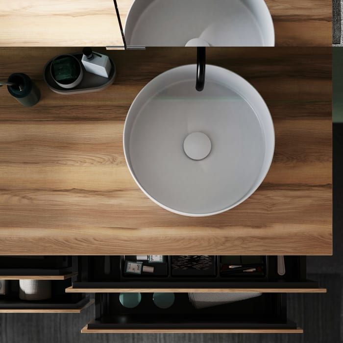 burgbad Lin20 Waschtischunterschrank mit Konsolenplatte 140 cm, 4 Auszüge, Beckenausschnitt rechts