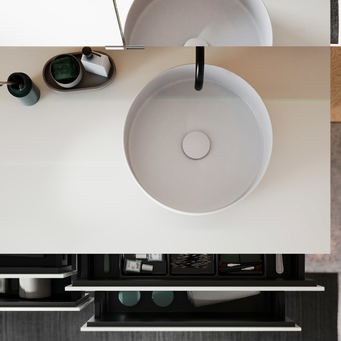 burgbad Lin20 Waschtischunterschrank mit Konsolenplatte 140 cm, 4 Auszüge, Beckenausschnitt rechts