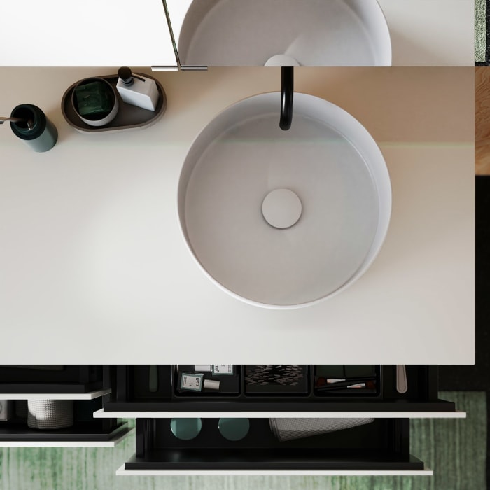 burgbad Lin20 Waschtischunterschrank mit Konsolenplatte 140 cm, 4 Auszüge, Beckenausschnitt rechts