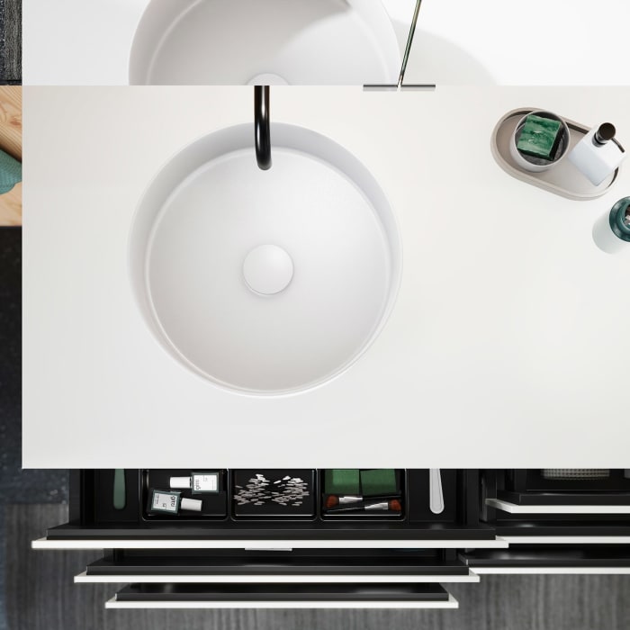 burgbad Lin20 Waschtischunterschrank mit Konsolenplatte 140 cm, 6 Auszüge, Beckenausschnitt links