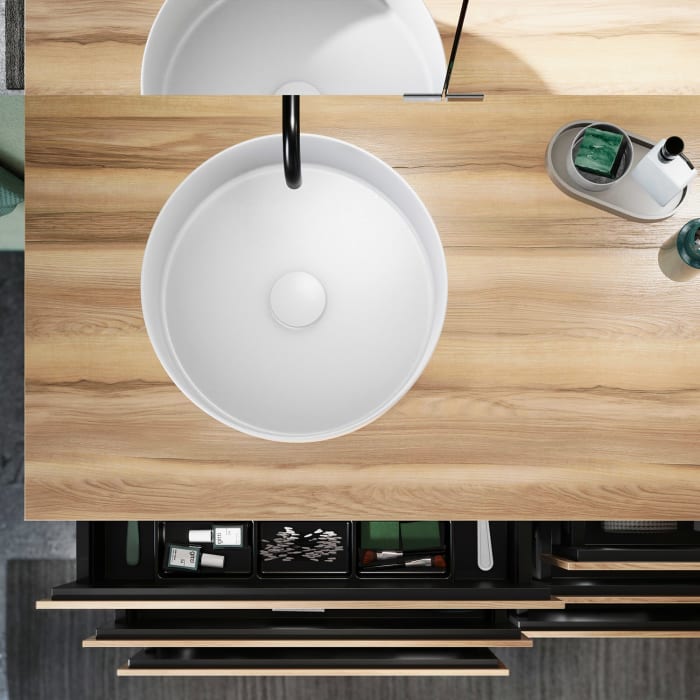 burgbad Lin20 Waschtischunterschrank mit Konsolenplatte 140 cm, 6 Auszüge, Beckenausschnitt links