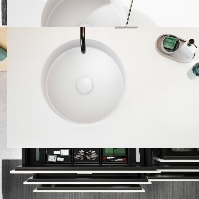 burgbad Lin20 Waschtischunterschrank mit Konsolenplatte 140 cm, 6 Auszüge, Beckenausschnitt links