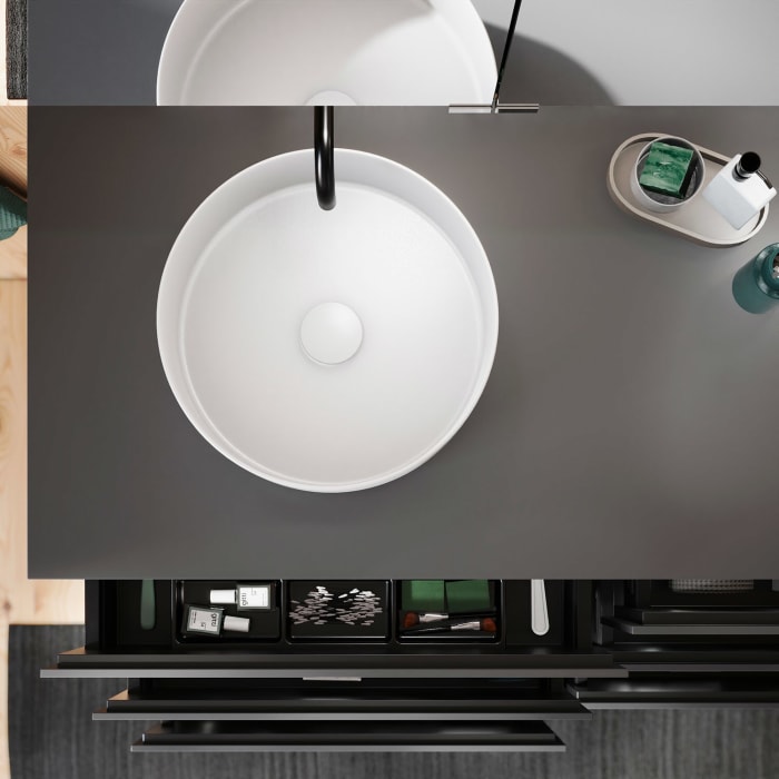 burgbad Lin20 Waschtischunterschrank mit Konsolenplatte 140 cm, 6 Auszüge, Beckenausschnitt links