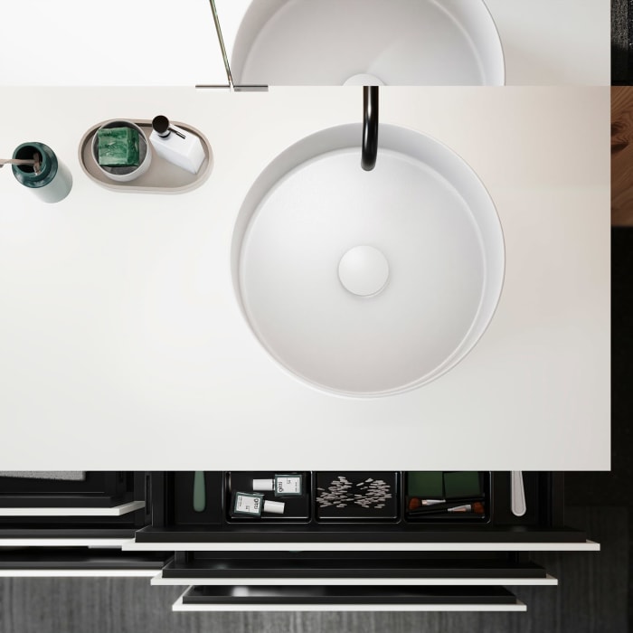 burgbad Lin20 Waschtischunterschrank mit Konsolenplatte 140 cm, 6 Auszüge, Beckenausschnitt rechts