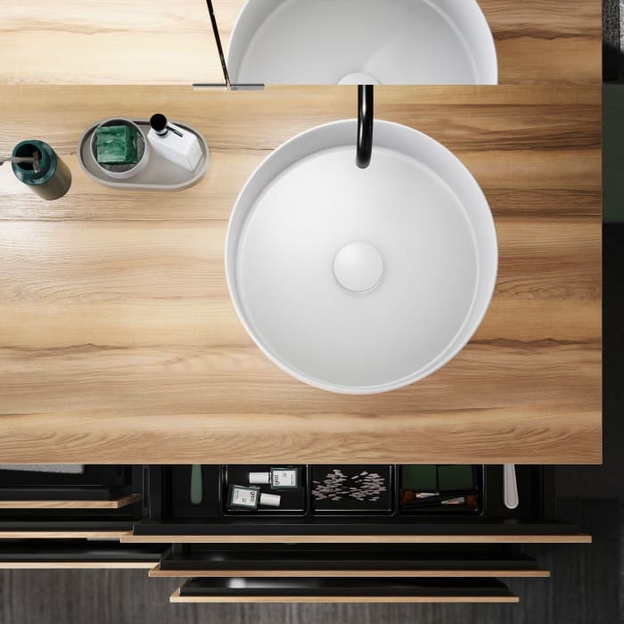 burgbad Lin20 Waschtischunterschrank mit Konsolenplatte 140 cm, 6 Auszüge, Beckenausschnitt rechts