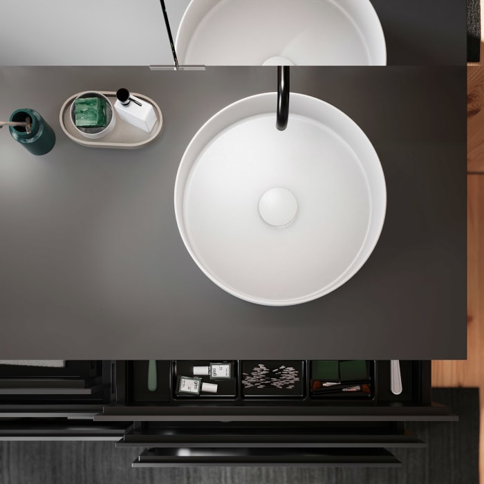 burgbad Lin20 Waschtischunterschrank mit Konsolenplatte 140 cm, 6 Auszüge, Beckenausschnitt rechts