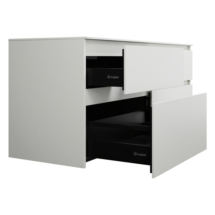 burgbad Lin20 Waschtischunterschrank mit Konsolenplatte 140 cm, 4 Auszüge, Beckenausschnitt links