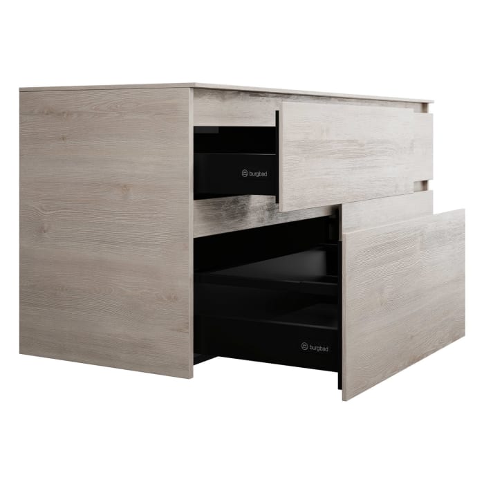 burgbad Lin20 Waschtischunterschrank mit Konsolenplatte 140 cm, 4 Auszüge, Beckenausschnitt links