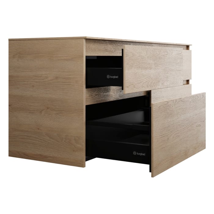 burgbad Lin20 Waschtischunterschrank mit Konsolenplatte 140 cm, 4 Auszüge, Beckenausschnitt links