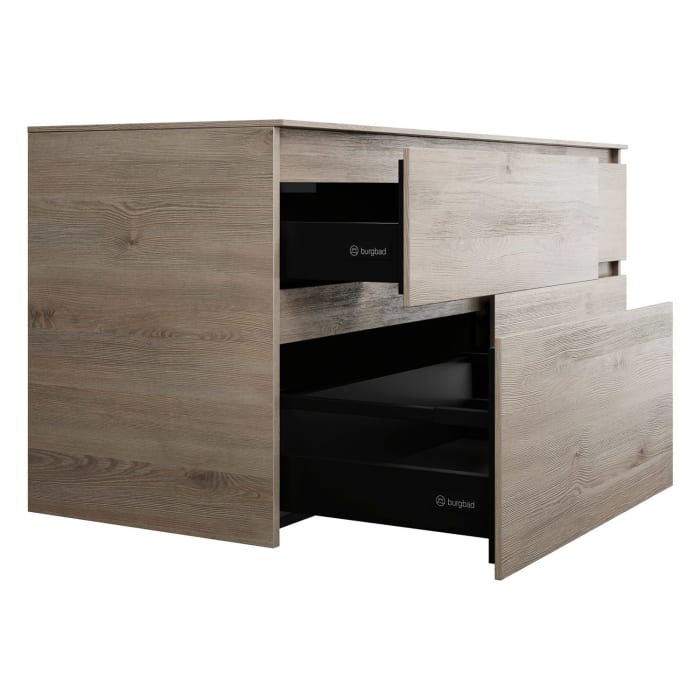 burgbad Lin20 Waschtischunterschrank mit Konsolenplatte 140 cm, 4 Auszüge, Beckenausschnitt links