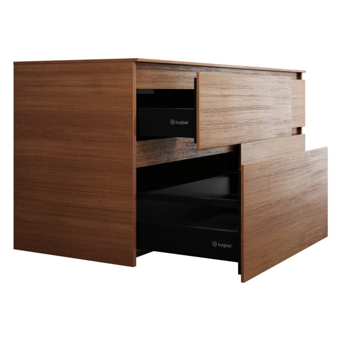 burgbad Lin20 Waschtischunterschrank mit Konsolenplatte 140 cm, 4 Auszüge, Beckenausschnitt links