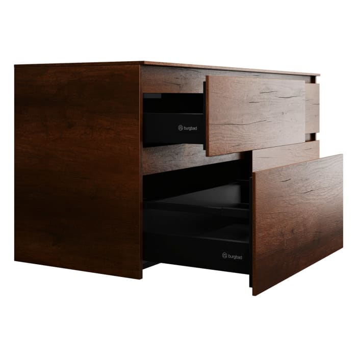 burgbad Lin20 Waschtischunterschrank mit Konsolenplatte 140 cm, 4 Auszüge, Beckenausschnitt links