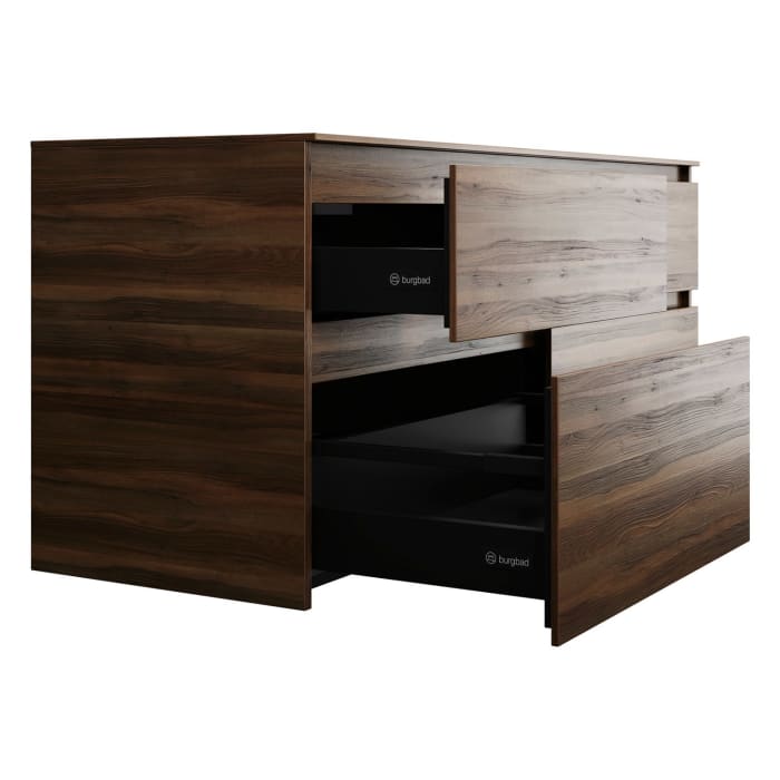 burgbad Lin20 Waschtischunterschrank mit Konsolenplatte 140 cm, 4 Auszüge, Beckenausschnitt links