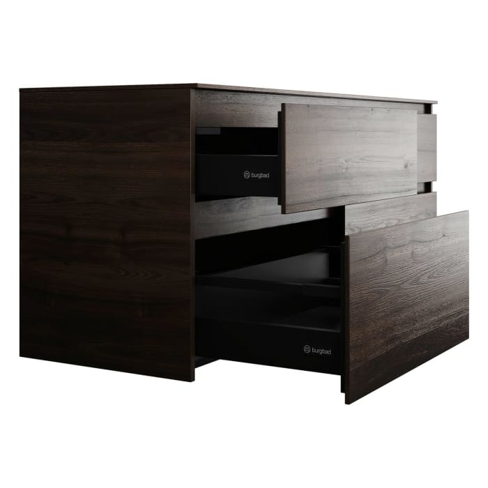 burgbad Lin20 Waschtischunterschrank mit Konsolenplatte 140 cm, 4 Auszüge, Beckenausschnitt links