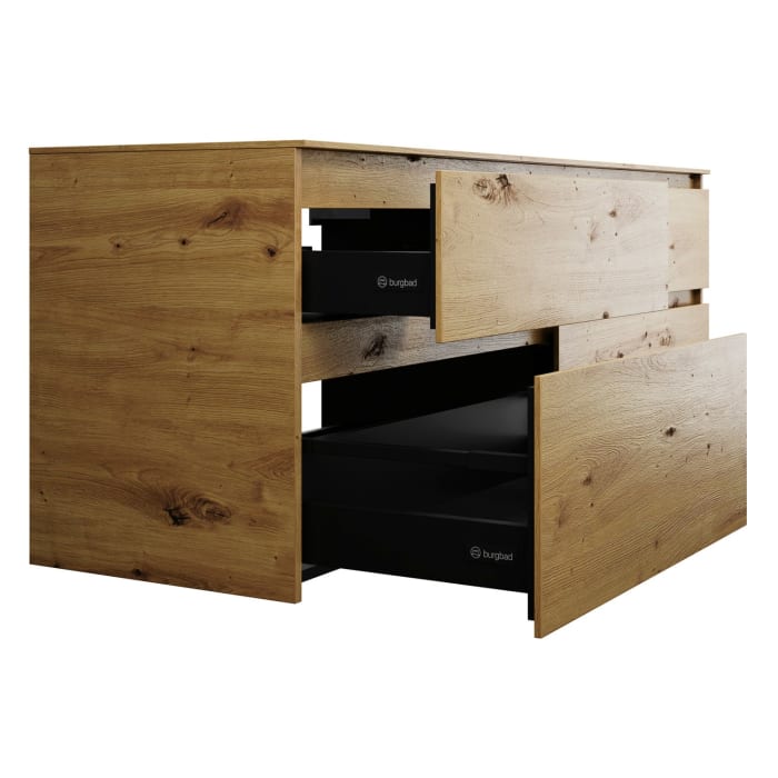 burgbad Lin20 Waschtischunterschrank mit Konsolenplatte 160 cm, 4 Auszüge, Beckenausschnitt links