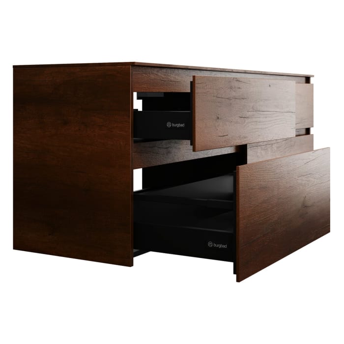 burgbad Lin20 Waschtischunterschrank mit Konsolenplatte 160 cm, 4 Auszüge, Beckenausschnitt links