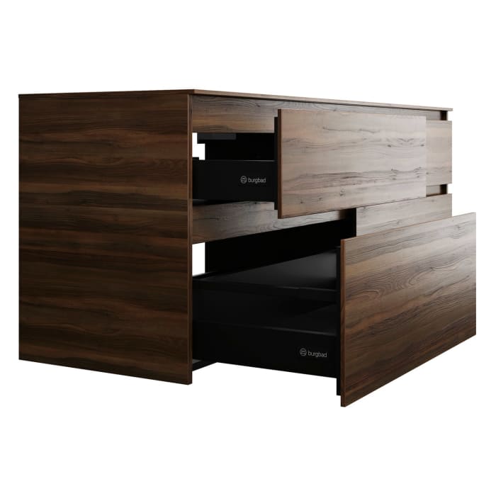 burgbad Lin20 Waschtischunterschrank mit Konsolenplatte 160 cm, 4 Auszüge, Beckenausschnitt links