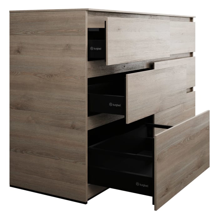 burgbad Lin20 Waschtischunterschrank mit Konsolenplatte 140 cm, 6 Auszüge, Beckenausschnitt links