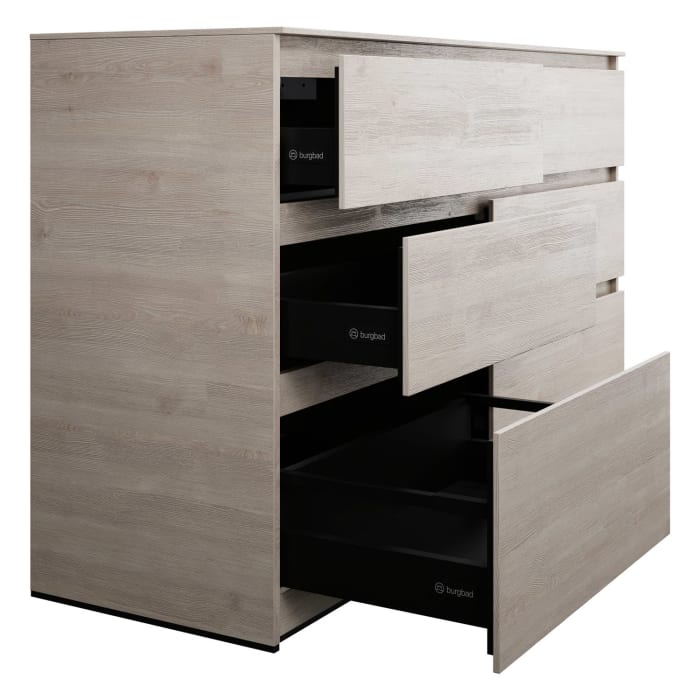 burgbad Lin20 Waschtischunterschrank mit Konsolenplatte 140 cm, 6 Auszüge, Beckenausschnitt links und rechts