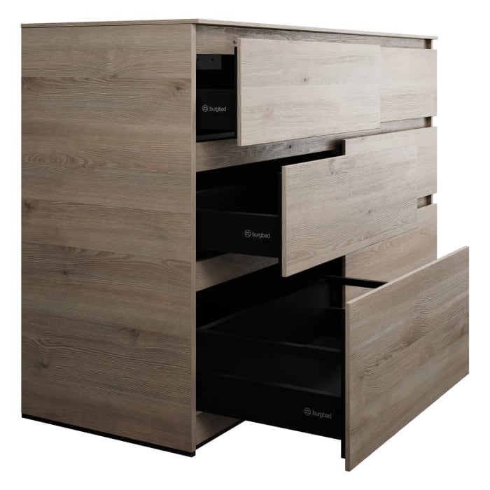 burgbad Lin20 Waschtischunterschrank mit Konsolenplatte 140 cm, 6 Auszüge, Beckenausschnitt links und rechts