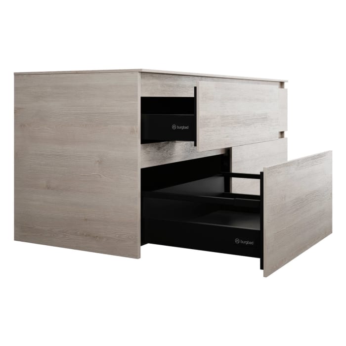 burgbad Lin20 Waschtischunterschrank mit Konsolenplatte 140 cm, 4 Auszüge, Beckenausschnitt links