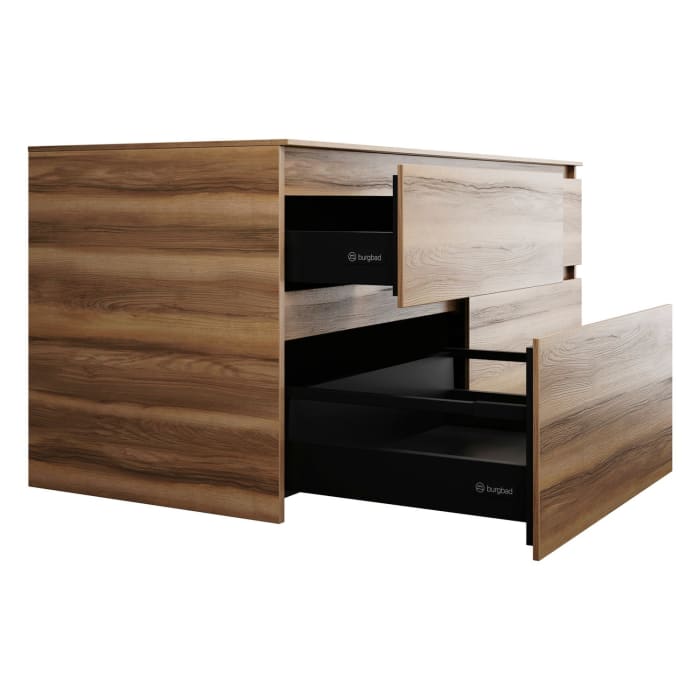 burgbad Lin20 Waschtischunterschrank mit Konsolenplatte 140 cm, 4 Auszüge, Beckenausschnitt links