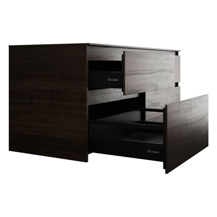 burgbad Lin20 Waschtischunterschrank mit Konsolenplatte 140 cm, 4 Auszüge, Beckenausschnitt links