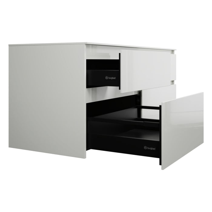 burgbad Lin20 Waschtischunterschrank mit Konsolenplatte 140 cm, 4 Auszüge, Beckenausschnitt links