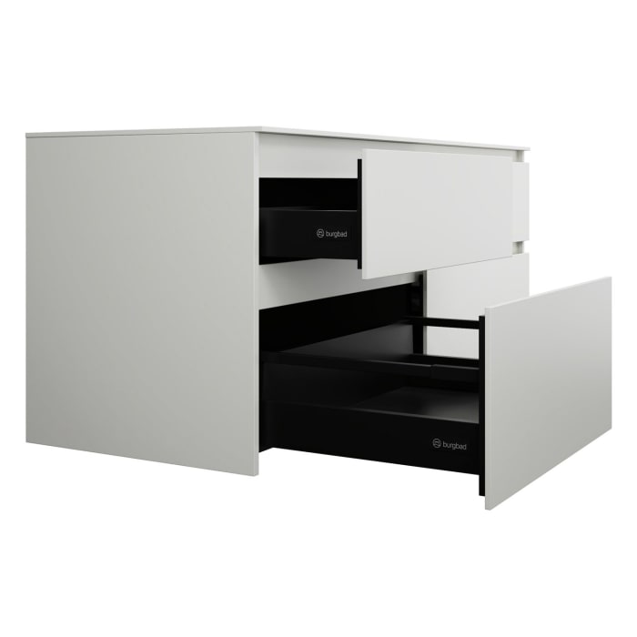 burgbad Lin20 Waschtischunterschrank mit Konsolenplatte 140 cm, 4 Auszüge, Beckenausschnitt rechts