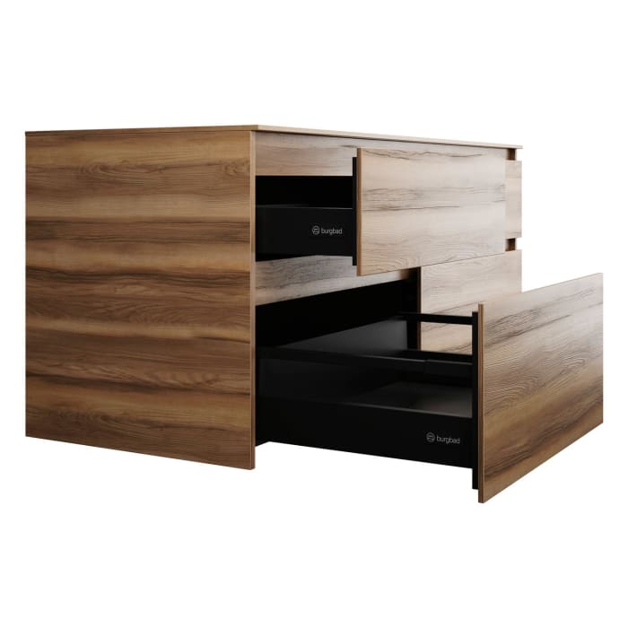 burgbad Lin20 Waschtischunterschrank mit Konsolenplatte 140 cm, 4 Auszüge, Beckenausschnitt rechts