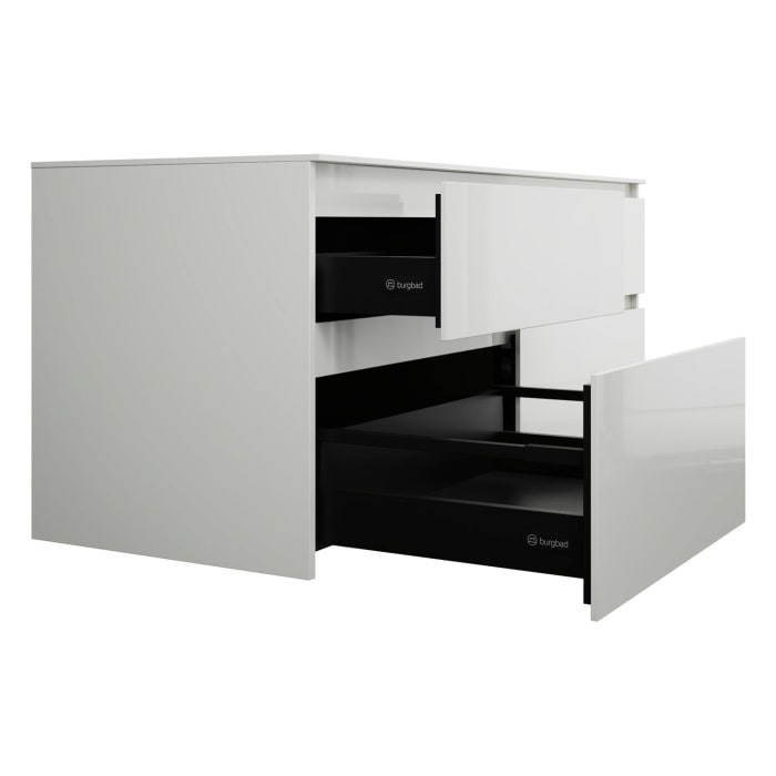 burgbad Lin20 Waschtischunterschrank mit Konsolenplatte 140 cm, 4 Auszüge, Beckenausschnitt rechts
