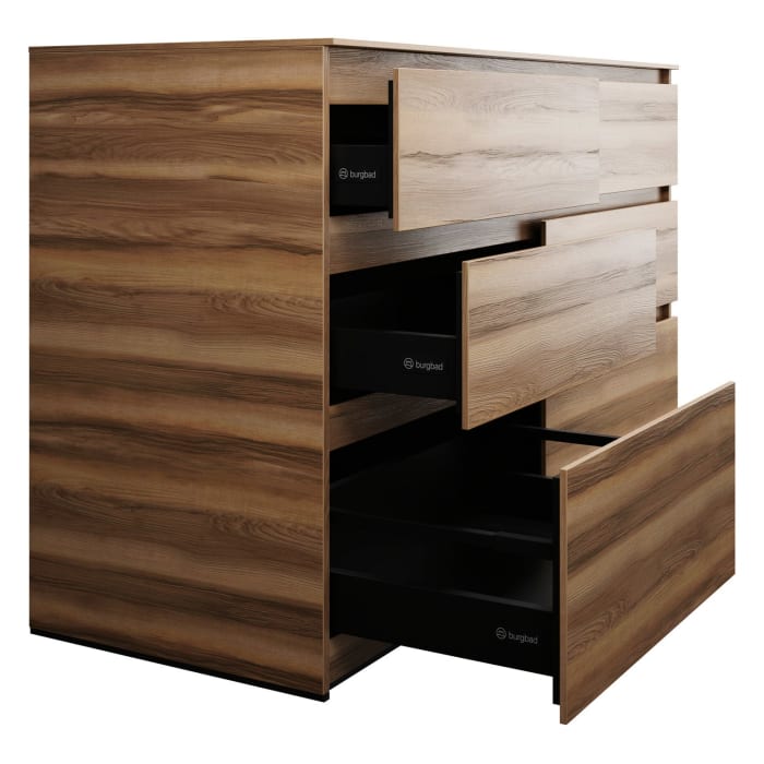 burgbad Lin20 Waschtischunterschrank mit Konsolenplatte 140 cm, 6 Auszüge, Beckenausschnitt links