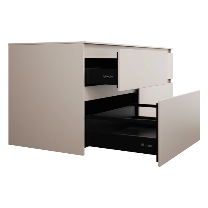 burgbad Lin20 Waschtischunterschrank mit Konsolenplatte 140 cm, 4 Auszüge, Beckenausschnitt rechts