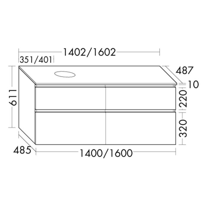 burgbad Lin20 Waschtischunterschrank mit Konsolenplatte 160 cm, 4 Auszüge, Beckenausschnitt rechts