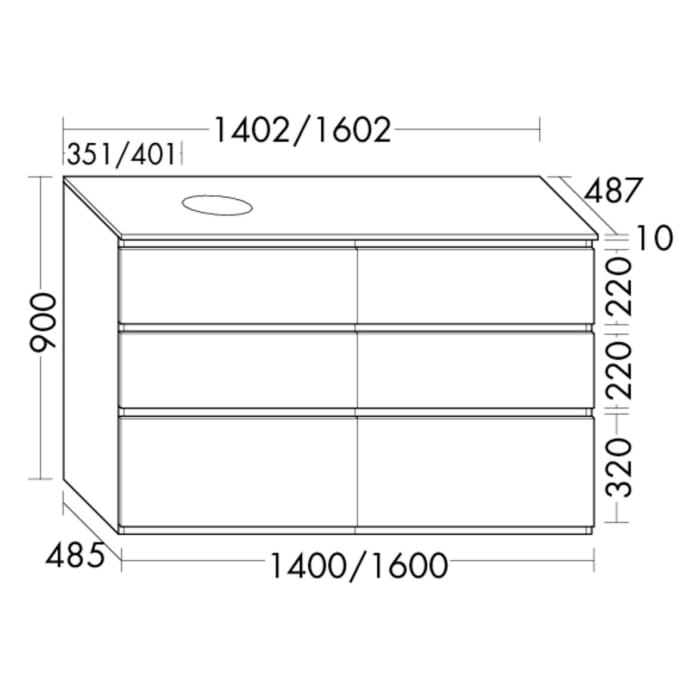 burgbad Lin20 Waschtischunterschrank mit Konsolenplatte 160 cm, 6 Auszüge, Beckenausschnitt rechts