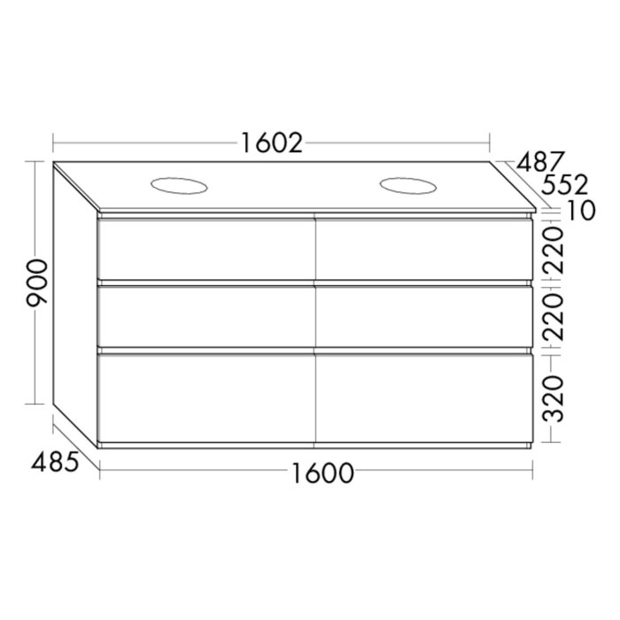 burgbad Lin20 Waschtischunterschrank mit Konsolenplatte 160 cm, 6 Auszüge, Beckenausschnitt links und rechts