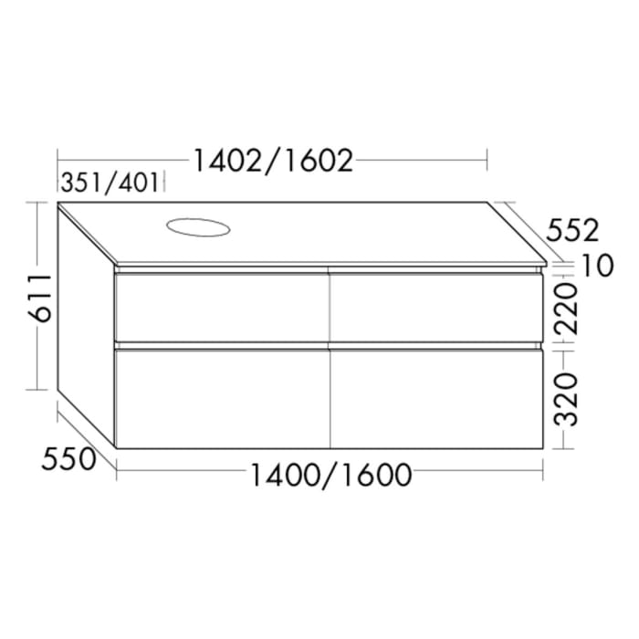 burgbad Lin20 Waschtischunterschrank mit Konsolenplatte 160 cm, 4 Auszüge, Beckenausschnitt rechts