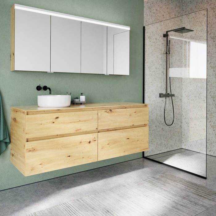 burgbad Lin20 Waschtischunterschrank mit Konsolenplatte 160 cm, 4 Auszüge, Beckenausschnitt links