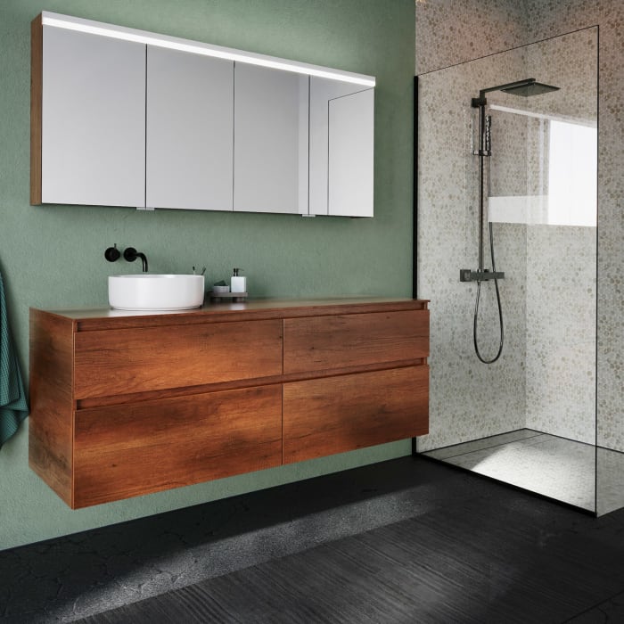 burgbad Lin20 Waschtischunterschrank mit Konsolenplatte 160 cm, 4 Auszüge, Beckenausschnitt links