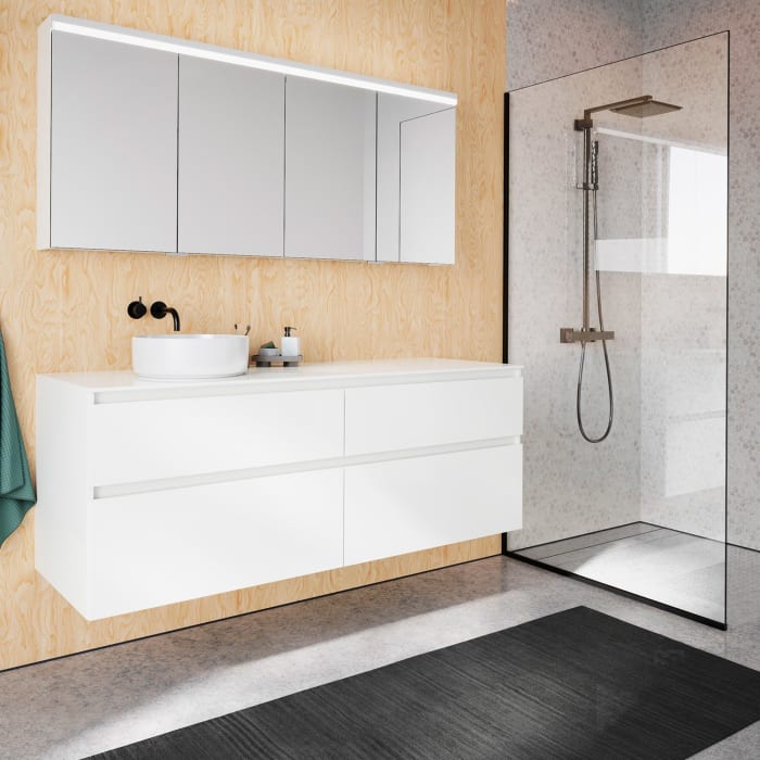 burgbad Lin20 Waschtischunterschrank mit Konsolenplatte 160 cm, 4 Auszüge, Beckenausschnitt links