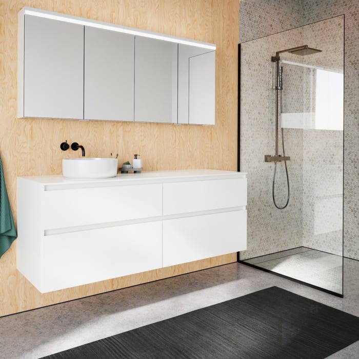 burgbad Lin20 Waschtischunterschrank mit Konsolenplatte 160 cm, 4 Auszüge, Beckenausschnitt links