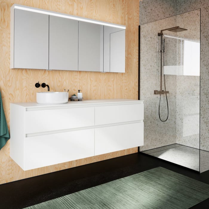 burgbad Lin20 Waschtischunterschrank mit Konsolenplatte 160 cm, 4 Auszüge, Beckenausschnitt links