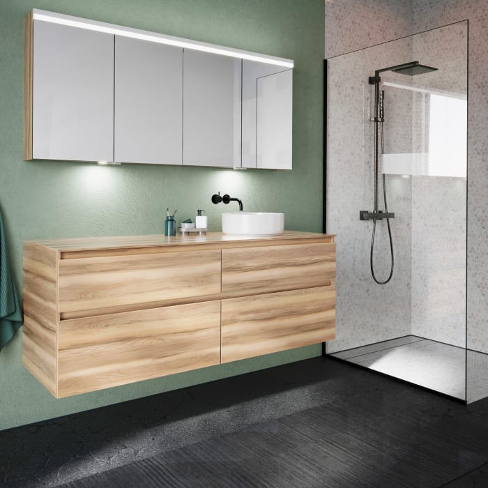 burgbad Lin20 Waschtischunterschrank mit Konsolenplatte 160 cm, 4 Auszüge, Beckenausschnitt rechts