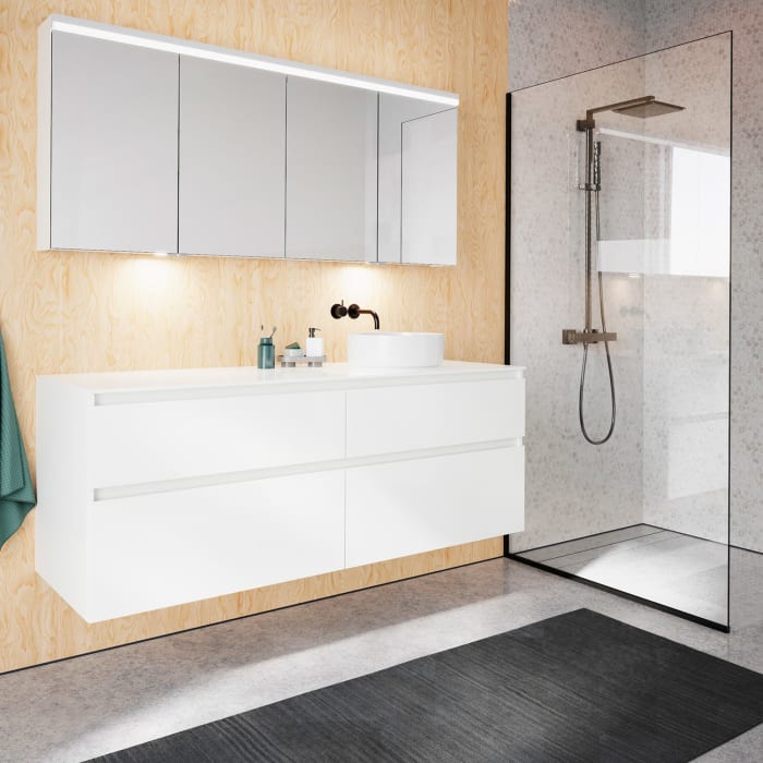 burgbad Lin20 Waschtischunterschrank mit Konsolenplatte 160 cm, 4 Auszüge, Beckenausschnitt rechts