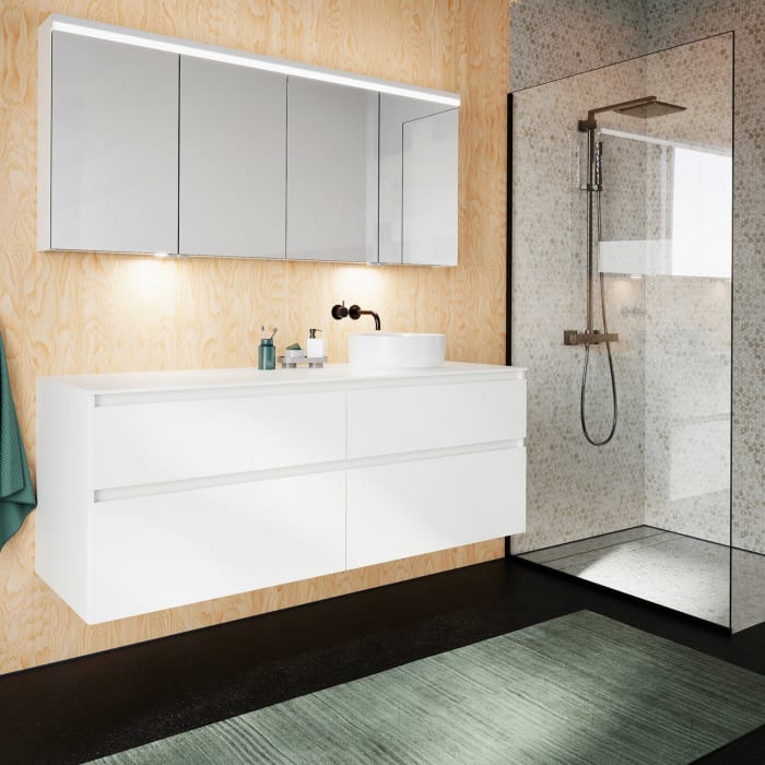 burgbad Lin20 Waschtischunterschrank mit Konsolenplatte 160 cm, 4 Auszüge, Beckenausschnitt rechts