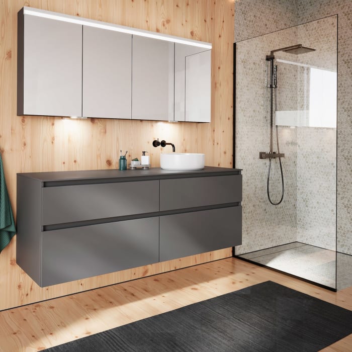 burgbad Lin20 Waschtischunterschrank mit Konsolenplatte 160 cm, 4 Auszüge, Beckenausschnitt rechts