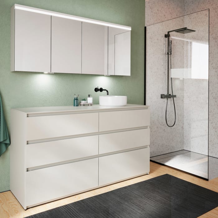 burgbad Lin20 Waschtischunterschrank mit Konsolenplatte 160 cm, 6 Auszüge, Beckenausschnitt rechts