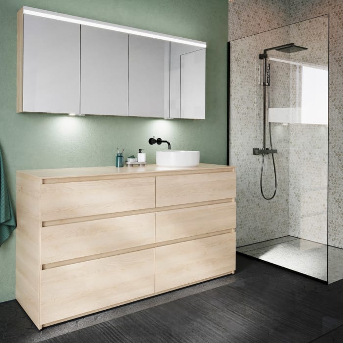 burgbad Lin20 Waschtischunterschrank mit Konsolenplatte 160 cm, 6 Auszüge, Beckenausschnitt rechts