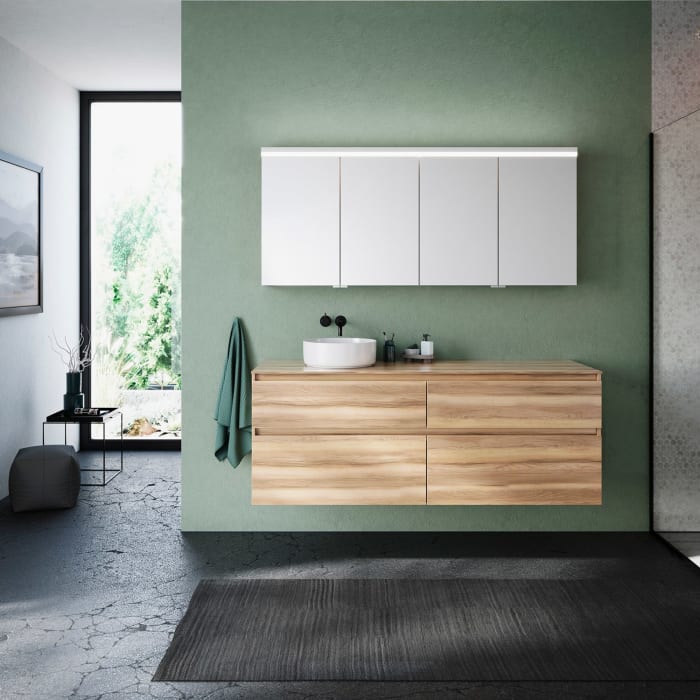 burgbad Lin20 Waschtischunterschrank mit Konsolenplatte 160 cm, 4 Auszüge, Beckenausschnitt links