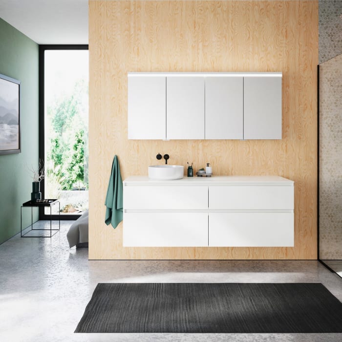 burgbad Lin20 Waschtischunterschrank mit Konsolenplatte 160 cm, 4 Auszüge, Beckenausschnitt links